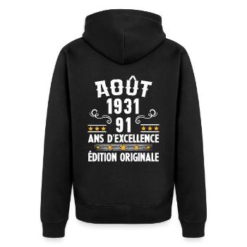 91 Ans Anniversaire Vintage Né(e) en Août 1931 - Veste à capuche bio Premium Unisexe - noir - Dos - Nico (187cm)