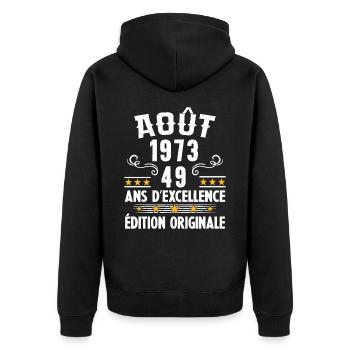 49 Ans Anniversaire Vintage Né(e) en Août 1973 - Veste à capuche bio Premium Unisexe - noir - Dos - Nico (187cm)