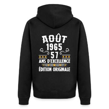 57 Ans Anniversaire Vintage Né(e) en Août 1965 - Veste à capuche bio Premium Unisexe - noir - Dos - Nico (187cm)