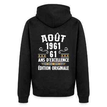 61 Ans Anniversaire Vintage Né(e) en Août 1961 - Veste à capuche bio Premium Unisexe - noir - Dos - Nico (187cm)