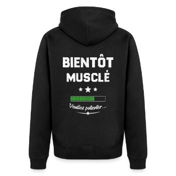 Homme bientôt musclé veuillez patienter - Veste à capuche bio Premium Unisexe - noir - Dos - Nico (187cm)