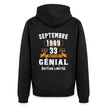 33 Ans Anniversaire Vintage Né(e) Septembre 1989 - Veste à capuche bio Premium Unisexe - noir - Dos - Nico (187cm)