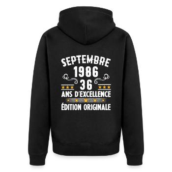 36 Ans Anniversaire Vintage Né(e) Septembre 1986 - Veste à capuche bio Premium Unisexe - noir - Dos - Nico (187cm)