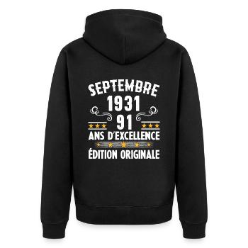 91 Ans Anniversaire Vintage Né(e) Septembre 1931 - Veste à capuche bio Premium Unisexe - noir - Dos - Nico (187cm)