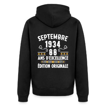 88 Ans Anniversaire Vintage Né(e) Septembre 1934 - Veste à capuche bio Premium Unisexe - noir - Dos - Nico (187cm)