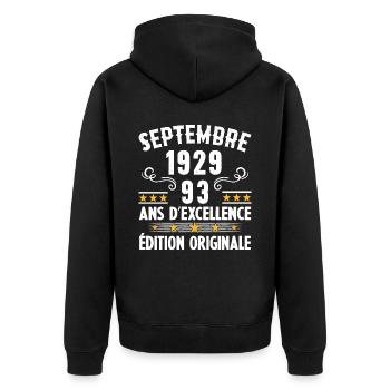 93 Ans Anniversaire Vintage Né(e) Septembre 1929 - Veste à capuche bio Premium Unisexe - noir - Dos - Nico (187cm)