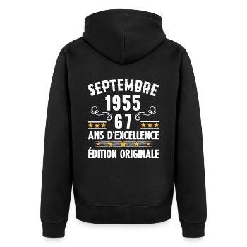 67 Ans Anniversaire Vintage Né(e) Septembre 1955 - Veste à capuche bio Premium Unisexe - noir - Dos - Nico (187cm)
