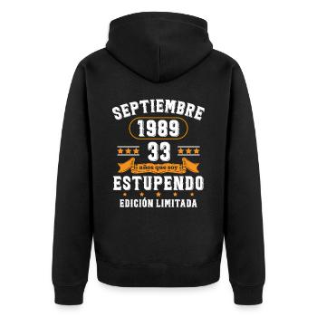 33 Ans Anniversaire Vintage Né(e) Septembre 1989 - Veste à capuche bio Premium Unisexe - noir - Dos - Nico (187cm)