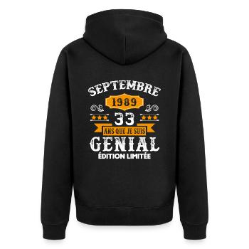 33 Ans Anniversaire Vintage Né(e) Septembre 1989 - Veste à capuche bio Premium Unisexe - noir - Dos - Nico (187cm)