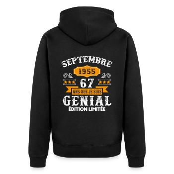 67 Ans Anniversaire Vintage Né(e) Septembre 1955 - Veste à capuche bio Premium Unisexe - noir - Dos - Nico (187cm)