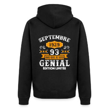 93 Ans Anniversaire Vintage Né(e) Septembre 1929 - Veste à capuche bio Premium Unisexe - noir - Dos - Nico (187cm)