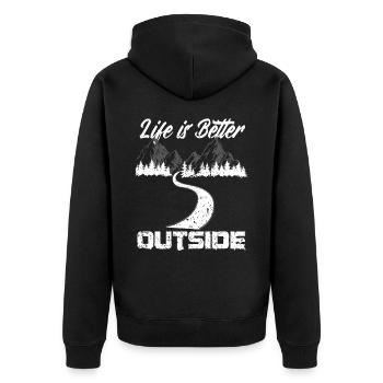 Wandern Life is better Outside Wanderung Vintage - Unisex Premium Bio Zip Hoodie - Schwarz - Hinten - Nico (187cm)