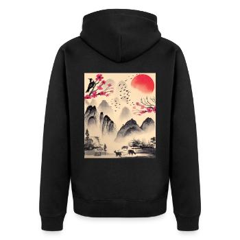 Japan Vintage Ästhetik japanische Landschaft - Unisex Premium Bio Zip Hoodie - Schwarz - Hinten - Nico (187cm)