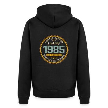 Jahrgang 1985 1985 Geburtstagsgeschenk - Unisex Premium Bio Zip Hoodie - Schwarz - Hinten - Nico (187cm)