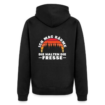 Ich Mag Bäume Die Halten Die Fresse - Unisex Premium Bio Zip Hoodie - Schwarz - Hinten - Nico (187cm)
