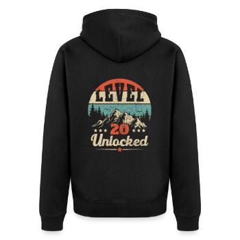 Level 20 freigeschaltet - Unisex Premium Bio Zip Hoodie - Schwarz - Hinten - Nico (187cm)