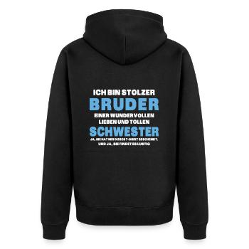 Ich bin stolzer Bruder einer tollen Schwester - Unisex Premium Bio Zip Hoodie - Schwarz - Hinten - Nico (187cm)