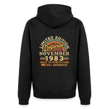 Jahrgang 1983 November Retro Geburtstagsgeschenk - Unisex Premium Bio Zip Hoodie - Schwarz - Hinten - Nico (187cm)
