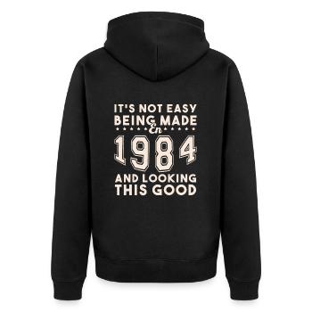 Hergestellt im Jahr 1984 und sieht so gut aus - Unisex Premium Bio Zip Hoodie - Schwarz - Hinten - Nico (187cm)