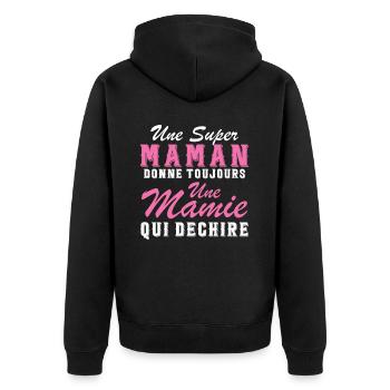 Super Maman Donne Mamie qui dechire humour - Veste à capuche bio Premium Unisexe - noir - Dos - Nico (187cm)