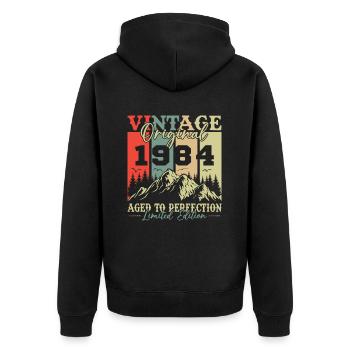 Vinatge 1984 Geburtstagsgeschenk - Unisex Premium Bio Zip Hoodie - Schwarz - Hinten - Nico (187cm)