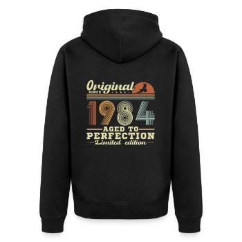 Vinatge 1984 Geburtstagsgeschenk - Unisex Premium Bio Zip Hoodie - Schwarz - Hinten - Nico (187cm)