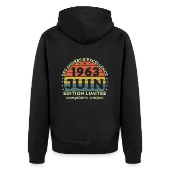 Vintage Jubiläum Hergestellt im Juni 1963 - Unisex Premium Bio Zip Hoodie - Schwarz - Hinten - Nico (187cm)
