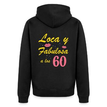 Verrückt und fabelhaft mit 60 - Unisex Premium Bio Zip Hoodie - Schwarz - Hinten - Nico (187cm)