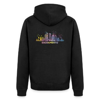 Sacramentan Bunte Skyline Sacramento - Unisex Premium Bio Zip Hoodie - Schwarz - Hinten - Nico (187cm)