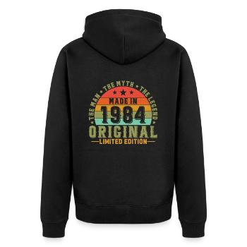 Vinatge 1984 Geburtstagsgeschenk - Unisex Premium Bio Zip Hoodie - Schwarz - Hinten - Nico (187cm)