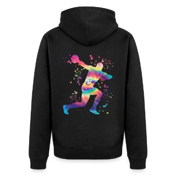 Diskuswerfer Colorsplash Diskuswurf - Unisex Premium Bio Zip Hoodie - Schwarz - Hinten - Nico (187cm)