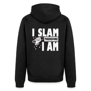 Poetry Slam I Slam Slam Poesie - Unisex Premium Bio Zip Hoodie - Schwarz - Hinten - Nico (187cm)