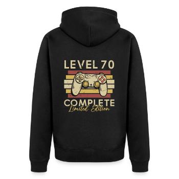 Stufe 70 abgeschlossen - Unisex Premium Bio Zip Hoodie - Schwarz - Hinten - Nico (187cm)