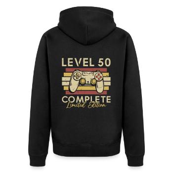 Stufe 50 Voll - Unisex Premium Bio Zip Hoodie - Schwarz - Hinten - Nico (187cm)