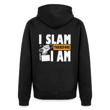 Poetry Slam I Slam Slam Poesie - Unisex Premium Bio Zip Hoodie - Schwarz - Hinten - Nico (187cm)