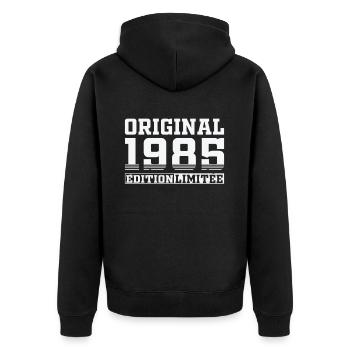 Original 1985 Vintage Geburtstagsgeschenk - Unisex Premium Bio Zip Hoodie - Schwarz - Hinten - Nico (187cm)