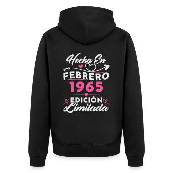 60. Geburtstag Frau 60 Jahre Made in 1965 Februar - Unisex Premium Bio Zip Hoodie - Schwarz - Hinten - Nico (187cm)