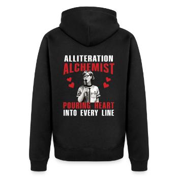 Alliteration Alchemist Poetry Slam - Unisex Premium Bio Zip Hoodie - Schwarz - Hinten - Nico (187cm)