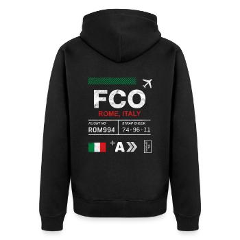 Etikett des Flughafens Rom - Unisex Premium Bio Zip Hoodie - Schwarz - Hinten - Nico (187cm)
