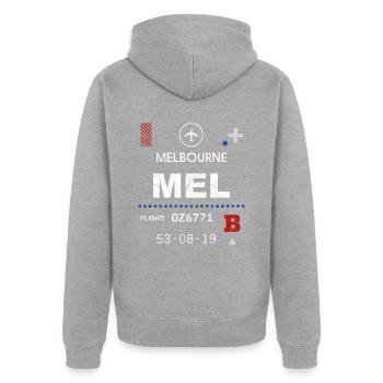 Étiquette d’aéroport de Melbourne - Veste à capuche bio Premium Unisexe - gris chiné - Dos - Nico (187cm)