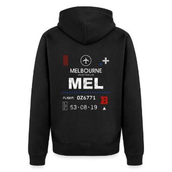 Etikett des Flughafens Melbourne - Unisex Premium Bio Zip Hoodie - Schwarz - Hinten - Nico (187cm)