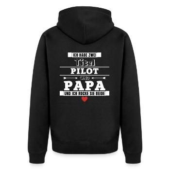 Ich habe zwei Titel Pilot und Papa - Unisex Premium Bio Zip Hoodie - Schwarz - Hinten - Nico (187cm)