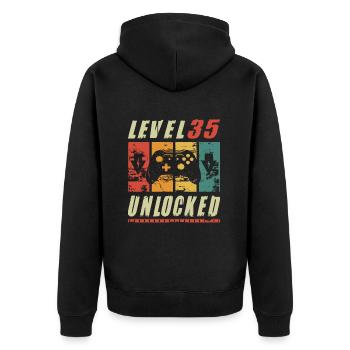 Niveau 35 Joueur débloqué présentant un cadeau de 35e anniversaire - Veste à capuche bio Premium Unisexe - noir - Dos - Nico (187cm)