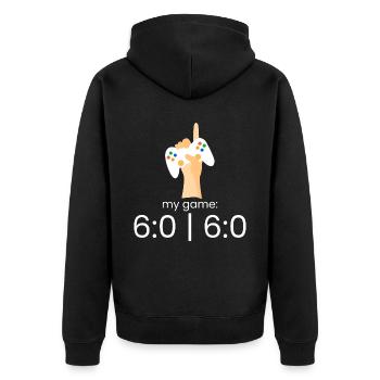 my game: 6:0 | 6:0 - Unisex Premium Organic Zip Hoodie - black - Back - Nico (187cm)