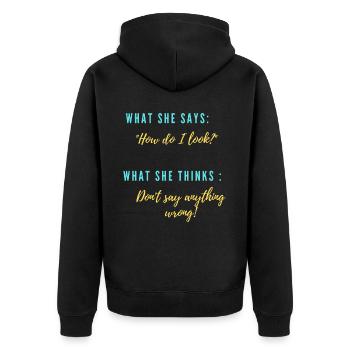 Sie: "Wie sehe ich aus?" - Unisex Premium Bio Zip Hoodie - Schwarz - Hinten - Nico (187cm)