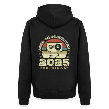 Originelle Vintage-Geschenkidee zum Jubiläum 2025 - Unisex Premium Bio Zip Hoodie - Schwarz - Hinten - Nico (187cm)