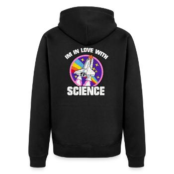 MÄDCHEN SCIENCE ROCKET LOVE REGENBOGEN RETRO SHIRT - Unisex Premium Bio Zip Hoodie - Schwarz - Hinten - Nico (187cm)