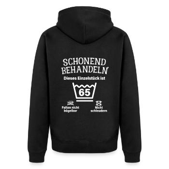Schonend Behandeln 65. Geburtstag Einzelstück 65 - Unisex Premium Bio Zip Hoodie - Schwarz - Hinten - Nico (187cm)
