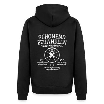 Oldtimer Ist 80 Schonend Behandeln 80. Geburtstag - Unisex Premium Bio Zip Hoodie - Schwarz - Hinten - Nico (187cm)