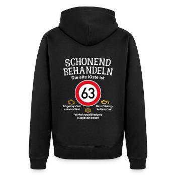63. Geburtstag Schonend Behandeln 63 Alte Kiste 63 - Unisex Premium Bio Zip Hoodie - Schwarz - Hinten - Nico (187cm)